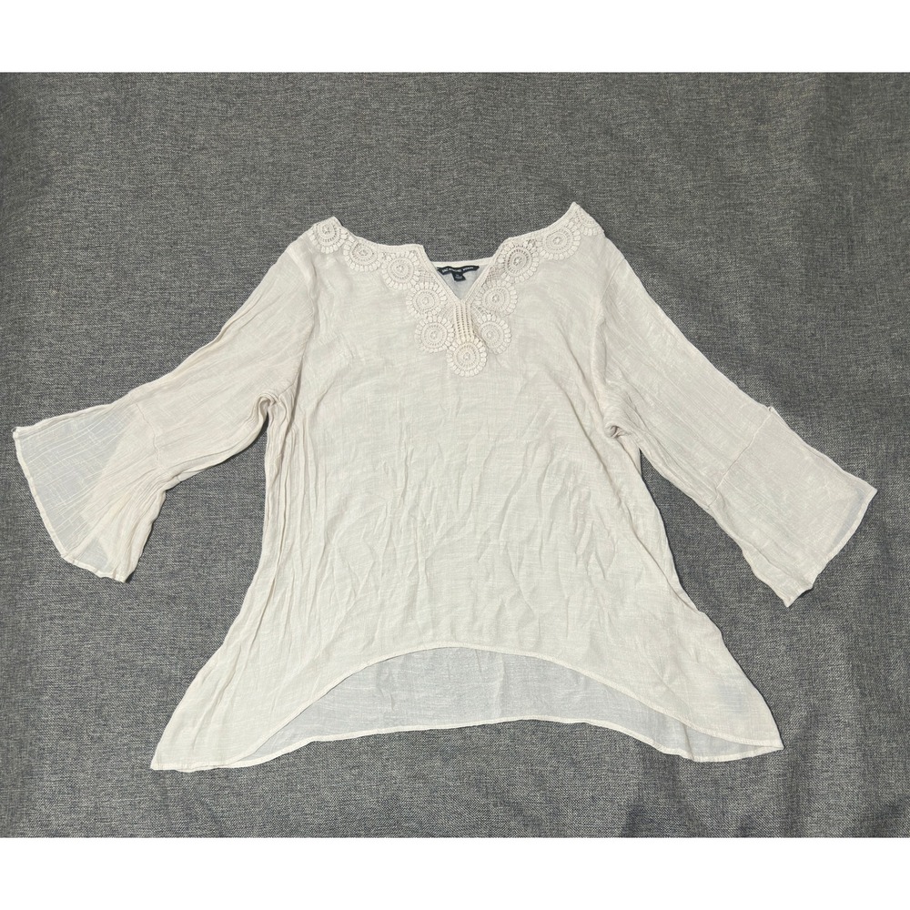 Zac & Rachel Woman 2X Blouse Crochet Neck Bell Sleeve Cream High Low Boho